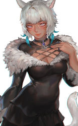 Rule 34 | 1girl, animal ears, aoin, breasts, cat ears, cat tail, cleavage, cowboy shot, dark-skinned female, dark skin, dress, facial mark, final fantasy, final fantasy xiv, fur collar, grey eyes, hand on own chest, jewelry, lips, looking at viewer, medium breasts, miqo&#039;te, neck tattoo, ring, short hair, solo, tail, tattoo, whisker markings, white background, white hair, y&#039;shtola rhul