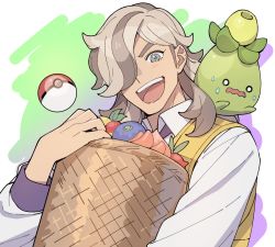Rule 34 | 1boy, arven (pokemon), basket, berry (pokemon), brown hair, commentary request, creatures (company), game freak, grey eyes, hair over one eye, holding, holding poke ball, light brown hair, long hair, long sleeves, looking at viewer, male focus, multicolored hair, nagiko (mangalove1111), nintendo, open mouth, poke ball, pokemon, pokemon (creature), pokemon sv, shirt, simple background, smoliv, sweat, teeth, upper body, upper teeth only, vest, white shirt, yellow vest