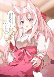 Rule 34 | 1girl, animal ear fluff, animal ears, bow, breasts, fang, fox ears, fox girl, fox tail, hair bow, hakama, half updo, highres, holding, indoors, japanese clothes, kamiyoshi rika, lap pillow invitation, long hair, looking at viewer, medium breasts, miko, mimikaki, multicolored hair, multiple tails, open mouth, original, pink bow, pink hair, pink hakama, pink nails, red bow, ribbon-trimmed sleeves, ribbon trim, seiza, sitting, smile, solo, streaked hair, tail, very long hair, white hair, wide sleeves