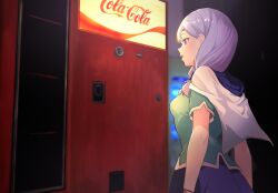 Rule 34 | 1girl, ahonoko, capelet, circlet, coca-cola, commentary, company name, eyelashes, fire emblem, fire emblem: path of radiance, ilyana (fire emblem), indoors, logo, long hair, nintendo, open mouth, purple eyes, purple hair, solo, standing, symbol-only commentary, vending machine, white capelet