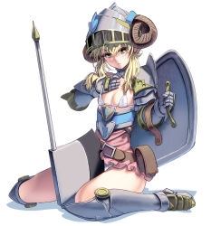 Rule 34 | 1girl, armor, axe, battle axe, belt, bikini, bikini top only, blonde hair, breasts, closed mouth, dress, fake horns, full body, gauntlets, gorget, greaves, hair between eyes, helmet, highres, holding, holding shield, horned helmet, horns, huge weapon, kouno (masao), long hair, looking at viewer, micro bikini, micro bikini top, original, panties, pantyshot, phallic symbol, pink dress, shield, sitting, small breasts, solo, swimsuit, thighs, underwear, wariza, weapon, white background, white bikini, white panties, yellow eyes