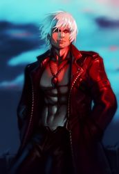 Rule 34 | 1boy, abs, black pants, blue eyes, capcom, cloud, cloudy sky, commentary, dante (devil may cry), devil may cry, devil may cry (series), devil may cry 3, english commentary, facial hair, hands in pockets, jacket, jewelry, leather, leather pants, long jacket, male focus, manly, muscular, navel, open clothes, open jacket, optionaltypo, outdoors, pants, pectorals, pendant, red jacket, short hair, silver hair, sky, solo, stomach, stubble, sunset, topless male