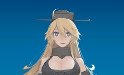 Rule 34 | 1girl, bad id, bad twitter id, blonde hair, blue background, blue eyes, breasts, cleavage, headgear, iowa (kancolle), kantai collection, large breasts, looking at viewer, mikoto (oi plus), solo, star-shaped pupils, star (symbol), symbol-shaped pupils, upper body