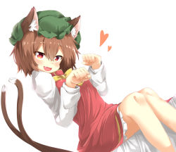 Rule 34 | 1girl, :3, animal ears, blouse, bow, brown hair, cat ears, cat tail, chen, dress, fang, green hat, hat, heart, long sleeves, mob cap, multiple tails, neko pachi, open mouth, paw pose, red dress, red eyes, shirt, simple background, solo, tail, touhou, two tails, white background, white shirt, yellow bow