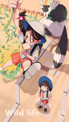 Rule 34 | 1boy, 1girl, absurdres, backpack, bag, black footwear, black hair, blue headwear, braid, braided ponytail, bread slice, brown eyes, creatures (company), english text, florian (pokemon), food, food in mouth, game freak, gen 7 pokemon, hat, highres, how long, juliana (pokemon), mouth hold, necktie, nintendo, outdoors, passimian, plant, pokemon, pokemon (creature), pokemon sv, red necktie, shadow, shirt, shoes, short sleeves, shorts, socks, toast, toast in mouth, vines, white headwear, white legwear, white shirt