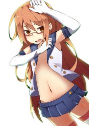 Rule 34 | 1girl, blush, brown eyes, brown hair, cosplay, elbow gloves, glasses, gloves, kantai collection, long hair, looking at viewer, mochizuki (kancolle), natsunagi takaki, navel, open clothes, open shirt, shimakaze (kancolle), shimakaze (kancolle) (cosplay), shirt, skirt, solo, striped clothes, striped thighhighs, thighhighs