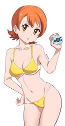 Rule 34 | 1girl, bikini, breasts, brown eyes, collarbone, digimon, digimon adventure, digivice, flipped hair, hand on own hip, highres, holding, looking at viewer, navel, orange hair, pabsmikan, short hair, simple background, small breasts, solo, swimsuit, takenouchi sora, white background, yellow bikini