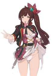 Rule 34 | 10s, 1girl, bad id, bad pixiv id, breasts, brown hair, cleavage, clothes lift, condom, condom in mouth, diantha (granblue fantasy), granblue fantasy, hair ribbon, hanarito, long hair, mouth hold, panties, ribbon, side ponytail, skirt, skirt lift, solo, underwear, used condom, v