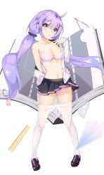 Rule 34 | 1girl, absurdres, ahoge, azur lane, bad id, bad pixiv id, bare shoulders, black footwear, black skirt, bra, breasts, catnnn, cleavage, clothes pull, collarbone, commentary request, full body, hair ornament, highres, large breasts, long hair, looking at viewer, navel, panties, pantyhose, pantyhose pull, purple eyes, purple hair, ribbon, shoes, skirt, solo, underwear, unicorn, unicorn (azur lane), white bra, white panties, white pantyhose, x hair ornament