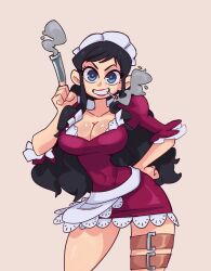 Rule 34 | 1girl, absurdres, apron, baby 5, black hair, breasts, cigarette, dkajart, drill hair, gun, highres, large breasts, lipstick, long hair, maid, maid apron, maid headdress, makeup, one piece, smoking, thigh strap, thighs, transformation, weapon