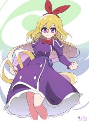 Rule 34 | 100 percent orange juice, alicianrone, alicianrone (orange juice), blonde hair, bow, damarinasai (mineo), dated, dress, hair between eyes, hairband, highres, holding, holding weapon, long hair, long sleeves, purple dress, purple eyes, red bow, red neckwear, signature, simple background, solo, weapon