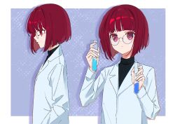 Rule 34 | 1girl, absurdres, alternate costume, arima kana, black sweater, blunt bangs, bob cut, border, breasts, chinese commentary, closed mouth, commentary, dot mouth, from side, glasses, hands in pockets, highres, holding, holding test tube, inverted bob, lab coat, looking ahead, looking at object, loose hair strand, multiple views, oshi no ko, outside border, profile, purple background, red eyes, red hair, ribbed sweater, round eyewear, short hair, small breasts, solo focus, sweater, test tube, turtleneck, turtleneck sweater, upper body, white border, xiang yu pai