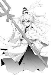 Rule 34 | 1girl, female focus, greyscale, hat, highres, houshin engi, kakao (noise-111), long hair, looking at viewer, monochrome, mononobe no futo, polearm, simple background, smile, solo, touhou, trident, weapon, white background