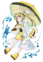 Rule 34 | 1girl, anarogumaaa, blonde hair, boots, closed mouth, cow horns, dress, fake horns, floral print, full body, goou yoshimitsu, hair flaps, hair ribbon, hairband, highres, holding, horns, long hair, looking at viewer, parasol, ribbon, rubber boots, smile, solo, tenka hyakken, thick eyebrows, transparent raincoat, twintails, umbrella, water drop, wide sleeves, yellow dress, yellow eyes, yellow footwear