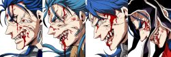 Rule 34 | 4boys, blood, blood on face, blue hair, clenched teeth, close-up, cu chulainn (caster) (fate), cu chulainn (fate), cu chulainn (fate) (all), cu chulainn (fate/prototype), cu chulainn (fate/stay night), cu chulainn alter (fate), cu chulainn alter (fate/grand order), earrings, extra eyes, fate/grand order, fate (series), hood, horror (theme), jewelry, lancer, male focus, messy hair, multiple boys, open mouth, profile, red eyes, sharp teeth, simple background, teeth, veins, white background, yumiya