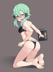 Rule 34 | 1girl, absurdres, aqua eyes, aqua hair, asada shino, ass, barefoot, blue eyes, blue hair, breasts, embarrassed, from behind, hair ornament, hairclip, highres, looking at viewer, nervous, ohihil, open mouth, panties, short hair, simple background, sinon, sinon (sao-alo), solo, sports bra, sword art online, sword art online: code register, sword art online alternative: gun gale online, thong, underwear