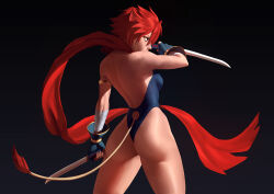 Rule 34 | 1girl, 2021, ass, breasts, dual wielding, holding, knife, leotard, medium breasts, red hair, scarf, sideboob, solo, tail, thighs, zetman92