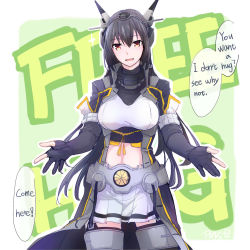 Rule 34 | 1girl, black gloves, black hair, collar, commentary, elbow gloves, english text, fingerless gloves, free hugs, gloves, green background, headgear, highres, kantai collection, long hair, midriff, miniskirt, nagato (kancolle), nagato kai ni (kancolle), pin.s, pleated skirt, red eyes, signature, skirt, smile, solo, thighhighs, title