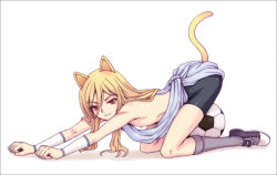 Rule 34 | 1boy, afuro terumi, animal ears, ass, ball, bare shoulders, bent over, blonde hair, cat boy, cat ears, cat stretch, cat tail, full body, inazuma eleven, inazuma eleven (series), long hair, lying, male focus, nipple slip, nipples, paw pose, red eyes, shorts, simple background, smile, soccer, soccer ball, solo, stretching, tail, top-down bottom-up, trap