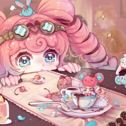 Rule 34 | 1girl, ace attorney, blue eyes, cherry, doughnut, drill hair, food, fruit, goggles, goggles on head, hair rings, hat, herlock sholmes, highres, holding, holding spoon, iris wilson, long hair, open mouth, pink hair, pudding, rengui560, ryunosuke naruhodo, solo, sparkle, spoon, stuffed animal, stuffed mouse, stuffed rabbit, stuffed toy, susato mikotoba, table, the great ace attorney, twintails