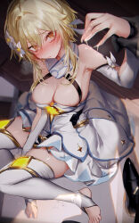 Rule 34 | 1girl, absurdres, arm grab, black footwear, blonde hair, blush, breasts, crying, crying with eyes open, detached sleeves, dress, flower, from above, genshin impact, hair flower, hair ornament, highres, implied masturbation, large breasts, looking at viewer, looking up, lumine (genshin impact), out of frame, pottsness, shoes, short hair with long locks, sidelocks, sitting, stirrup legwear, suggestive fluid, tartaglia (genshin impact), tears, thighhighs, toeless legwear, toenails, wariza, white dress, white thighhighs