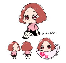 Rule 34 | 10s, 1girl, :o, brown eyes, brown hair, chibi, cup, do m kaeru, floral print, highres, in container, in cup, okumura haru, pantyhose, persona, persona 5, pink sweater, short hair, skirt, smile, sweater, teacup, twitter username, white pantyhose, | |