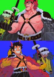 Rule 34 | 3boys, abs, bara, bare pectorals, constricted pupils, cowboy shot, deformed, eustass kid, facial hair, from side, girl staring at guys chest (meme), goatee, goggles, goggles on head, grin, highres, horns, large pectorals, looking ahead, looking at another, looking at pectorals, male focus, meme, monkey d. luffy, multiple boys, muscle envy, muscular, muscular male, nipples, o-ring, o-ring top, official alternate costume, one piece, over shoulder, pectorals, percivore, red hair, scar, short hair, smile, strongman waist, sword, sword over shoulder, tareme, three quarter view, toned, toned male, trafalgar law, tsurime, weapon, weapon over shoulder, wide-eyed, yaoi
