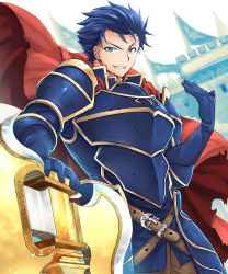 Rule 34 | 1boy, armor, axe, blue armor, blue hair, cape, fire emblem, fire emblem: the blazing blade, gloves, grin, hector (fire emblem), highres, holding, holding weapon, huge weapon, looking at viewer, male focus, nintendo, smile, solo, weapon
