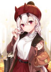 Rule 34 | 1girl, absurdres, ale nqki, autumn leaves, bag, belt, blush, breasts, casual, commentary request, contemporary, earrings, fate/grand order, fate (series), hair between eyes, hair over shoulder, tucking hair, handbag, hat, head tilt, high-waist skirt, highres, horns, jewelry, long hair, looking at viewer, medium breasts, outdoors, red eyes, ring, skirt, smile, solo, stud earrings, tomoe gozen (fate), turtleneck, very long hair, white hair