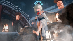Rule 34 | 1girl, 3d, absurdres, animal ears, barefoot, blue archive, fan, feet, highres, japanese clothes, looking at viewer, medium hair, mr ito, onsen, open mouth, shigure (blue archive), soles, splashing, toes