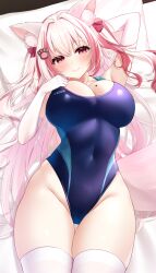 Rule 34 | 1girl, animal ear fluff, animal ears, bare shoulders, blue one-piece swimsuit, blush, breasts, cat ears, cleavage, closed mouth, competition swimsuit, covered navel, elbow gloves, gloves, highleg, highleg swimsuit, highres, large breasts, long hair, looking at viewer, lying, multicolored hair, on back, one-piece swimsuit, original, pink eyes, pink hair, smile, solo, streaked hair, swimsuit, thighhighs, thighs, two side up, virtual youtuber, white gloves, white hair, white thighhighs, yamamura umi