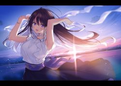 Rule 34 | 1girl, armpits, arms up, backlighting, bare arms, black hair, black skirt, blue sky, breasts, choker, diffraction spikes, dress shirt, floating hair, high-waist skirt, large breasts, letterboxed, long hair, long skirt, looking at viewer, necomi, original, purple eyes, shirt, shirt tucked in, short sleeves, skirt, sky, solo, sunlight, sunset, white choker, white shirt