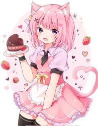Rule 34 | 1girl, :d, animal ear fluff, animal ears, between legs, black thighhighs, cake, cat ears, cat girl, cat tail, chocolate cake, commission, dress, fang, food, frilled dress, frills, fruit, hand between legs, heart-shaped cake, highres, holding, holding plate, kokoshira 0510, looking at viewer, open mouth, original, pink hair, plate, puffy short sleeves, puffy sleeves, purple eyes, short hair, short sleeves, skeb commission, skin fang, smile, strawberry, strawberry shortcake, tail, thighhighs