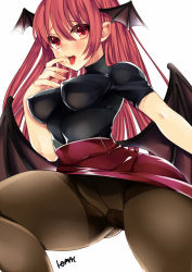 Rule 34 | 1girl, bat wings, black pantyhose, blush, breasts, cameltoe, crotch seam, from below, gusset, hair between eyes, head wings, koakuma, long hair, medium breasts, pantyhose, red eyes, red hair, red skirt, saliva, saliva trail, simple background, skirt, solo, thick thighs, thighs, tomo asa (confetto-o), tongue, tongue out, touhou, upskirt, very long hair, white background, wings
