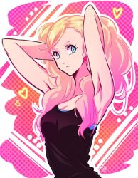 Rule 34 | 10s, 1girl, armpits, big hair, blonde hair, blue eyes, breasts, cleavage, earrings, jewelry, long hair, looking at viewer, mao (expuella), medium breasts, persona, persona 5, solo, takamaki anne, tank top, twintails, upper body, wavy hair