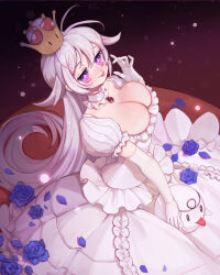 Rule 34 | + +, 1girl, absurdres, bad arm, blue flower, boo (mario), breasts, brooch, cleavage, crown, detached collar, dress, elbow gloves, flower, frilled dress, frills, gloves, hand up, highres, jewelry, large breasts, long hair, long neck, looking at viewer, luigi&#039;s mansion, mario (series), new super mario bros. u deluxe, nintendo, princess king boo, puffy short sleeves, puffy sleeves, renxing xibao, short sleeves, smile, super crown, tongue, tongue out, white dress, white gloves, white hair
