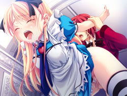 Rule 34 | 1boy, 1girl, blonde hair, censored, closed eyes, clothed sex, cum, cum in mouth, game cg, hetero, indoors, long hair, open mouth, penis, sex, striped clothes, striped thighhighs, thighhighs