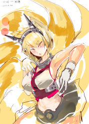 Rule 34 | 10s, 1girl, acrylic paint (medium), armpits, bare shoulders, black skirt, blonde hair, breasts, chestnut mouth, cosplay, faux traditional media, fighting stance, gloves, headgear, kantai collection, large breasts, looking at viewer, midriff, miniskirt, multiple tails, mutsu (kancolle), mutsu (kancolle) (cosplay), nyuu (manekin-eko), painting (medium), short hair, skirt, slit pupils, solo, tail, touhou, traditional media, yakumo ran, yellow eyes