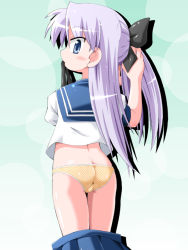 Rule 34 | 00s, 1girl, adjusting hair, ass, blue eyes, blue sailor collar, clothes pull, from behind, hiiragi kagami, hino hino, looking back, lucky star, mouth hold, no pants, panties, purple hair, sailor collar, school uniform, serafuku, solo, twintails, underwear