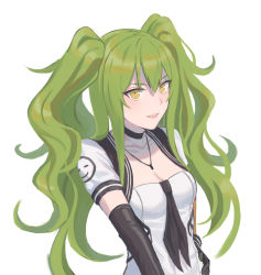 Rule 34 | 1girl, blush, breasts, choker, cleavage, elbow gloves, girls&#039; frontline, gloves, green hair, hand on own hip, highres, jewelry, long hair, m950a (girls&#039; frontline), necklace, small breasts, smile, solo, srm463, twintails, white background, yellow eyes