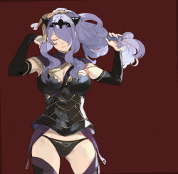 1girl, ai-wa, armor, bangs, black armor, black panties, breasts, camilla (fire emblem), cleavage, closed mouth, commentary, english commentary, eyes closed, fire emblem, fire emblem fates, hair over one eye, hair ribbon, highres, holding, holding hair, large breasts, long hair, nintendo, panties, ponytail, purple hair, red background, ribbon, sidelocks, simple background, solo, tiara, underwear