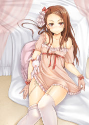 Rule 34 | 1girl, bare shoulders, blush, bow, bra strap, brown eyes, brown hair, courreges ace, curtains, forehead, garter belt, garter straps, gloves, hair bow, idolmaster, idolmaster (classic), jitome, lingerie, long hair, looking at viewer, loose thighhigh, lying, minase iori, off shoulder, pillow, ribbon, seductive smile, smile, solo, stuffed animal, stuffed rabbit, stuffed toy, thighhighs, thighs, underwear, zettai ryouiki