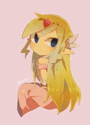 Rule 34 | 1girl, artist name, back, belt, blonde hair, blue eyes, blush, closed mouth, dress, floating hair, full body, gloves, jewelry, long hair, looking up, multicolored hair, multiple persona, necklace, nintendo, open mouth, pink dress, princess zelda, skirt hold, solo, the legend of zelda, the legend of zelda: spirit tracks, the legend of zelda: the wind waker, tiara, tokuura, toon zelda