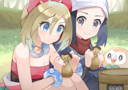 Rule 34 | 2girls, akari (pokemon), black hair, black shirt, blonde hair, blue eyes, blush, bracelet, breasts, cleavage, closed mouth, collar, commentary request, creatures (company), day, eyelashes, game freak, gen 7 pokemon, grass, grey eyes, hair between eyes, head scarf, holding, irida (pokemon), jewelry, looking to the side, multiple girls, neck ring, nintendo, outdoors, pokemon, pokemon legends: arceus, pouch, qi&#039;e (penguin), red scarf, rowlet, sash, scarf, shirt, sidelocks, smile, white headwear