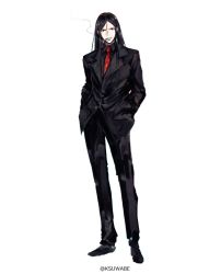 Rule 34 | 1boy, black hair, black shirt, black suit, commentary request, fate/grand order, fate (series), formal, full body, grey eyes, hair between eyes, hand in pocket, hands in pockets, jacket, k-suwabe, long hair, looking at viewer, lord el-melloi ii, lord el-melloi ii case files, male focus, necktie, pants, parted bangs, red necktie, shirt, shoes, smoking, solo, standing, suit, suit jacket, twitter username, waver velvet, white background