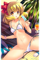 Rule 34 | 10s, 1girl, arm support, beach, bikini, blonde hair, blush, bracelet, character name, dripping, flower, food, glass, hair flower, hair ornament, hairband, jewelry, juice, kise yayoi, looking at viewer, lotion, navel, open mouth, outdoors, popsicle, precure, rei (rei&#039;s room), shiny skin, short hair, side-tie bikini bottom, smile precure!, solo, spread legs, swimsuit, tongue, tongue out, tree, untied, wardrobe malfunction, yellow eyes