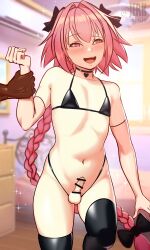 Rule 34 | 2boys, :d, absurdres, apervertguy, astolfo (fate), bar censor, bare shoulders, bed, bedroom, bikini, black bikini, black bow, black choker, black thighhighs, blurry, blurry background, blush, bow, bowtie, braid, braided ponytail, censored, choker, dark-skinned male, dark skin, elbow gloves, fang, fate/apocrypha, fate (series), gloves, hair bow, heart, heart-shaped pupils, highres, holding another&#039;s wrist, long hair, male focus, multiple boys, open mouth, penis, pink eyes, pink hair, smile, spanish commentary, swimsuit, symbol-shaped pupils, testicles, textless version, thighhighs, trap, very long hair, yaoi