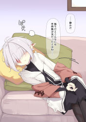 Rule 34 | 1girl, abelia (ogami kazuki), ahoge, black dress, black necktie, black pantyhose, burn scar, closed mouth, couch, dress, facing viewer, feet out of frame, grey hair, hair over eyes, highres, indoors, long sleeves, lying, necktie, ogami kazuki, on couch, on side, original, own hands together, pantyhose, pillow, pointy ears, scar, solo, speed lines, thick eyebrows, translated, white dress