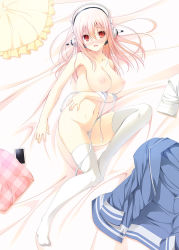 Rule 34 | 1girl, bed sheet, blush, breast hold, breasts, cellphone, censored, unworn clothes, frilled pillow, frills, headphones, large breasts, long hair, mosaic censoring, navel, nipples, nitroplus, nude, phone, pillow, pink hair, red eyes, smartphone, solo, super sonico, thighhighs, white thighhighs, yuuki makoto (radiant)