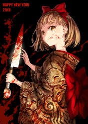 Rule 34 | 1girl, 2018, :q, black background, blood, blood on clothes, blood on face, blood splatter, bloody knife, bow, bow hairband, brown eyes, brown hair, brown kimono, closed mouth, commentary, commentary request, commentary typo, earrings, english commentary, from side, hairband, happy new year, holding, holding knife, holding weapon, human leather, japanese clothes, jewelry, kimono, kirino naoko, knife, long sleeves, looking to the side, new year, obi, partial commentary, pumpkin night, red bow, red hairband, red pupils, red sash, sash, short hair, solo, stitches, stud earrings, taniguchi seima, tattoo, tongue, tongue out, upper body, weapon, wide sleeves